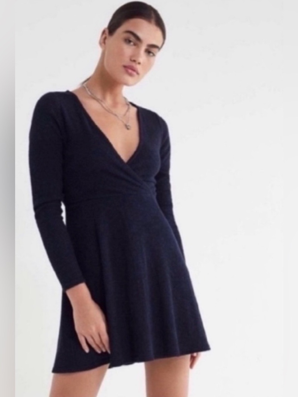 Urban Outfitters Coraline Cozy Wrap Dress navy blue knit mini heathered